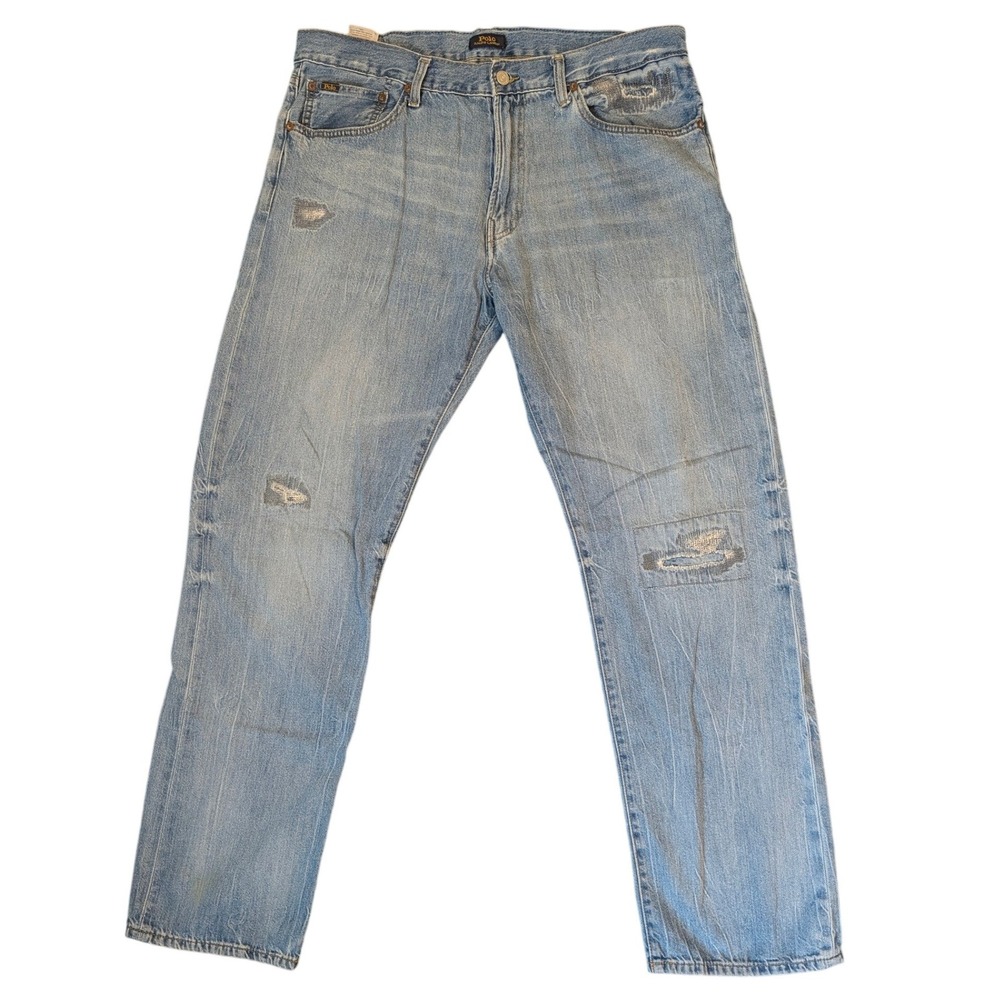 Polo Ralph Lauren Distressed Repair Light Wash Straight Leg Jeans Mens 36x34